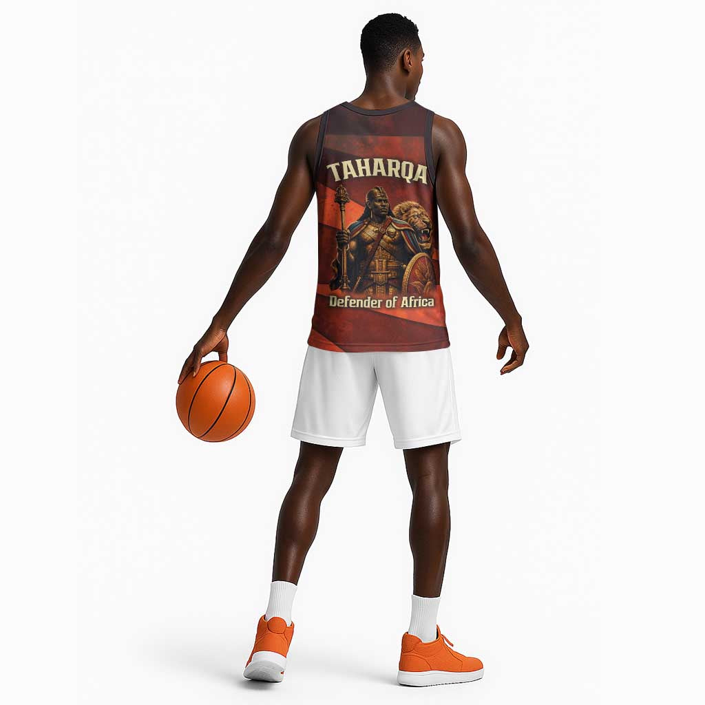 Taharqa Basketball Jersey with Warrior Portrait, Lion of Kush Title and Bold Red Defender of Africa - African Pride