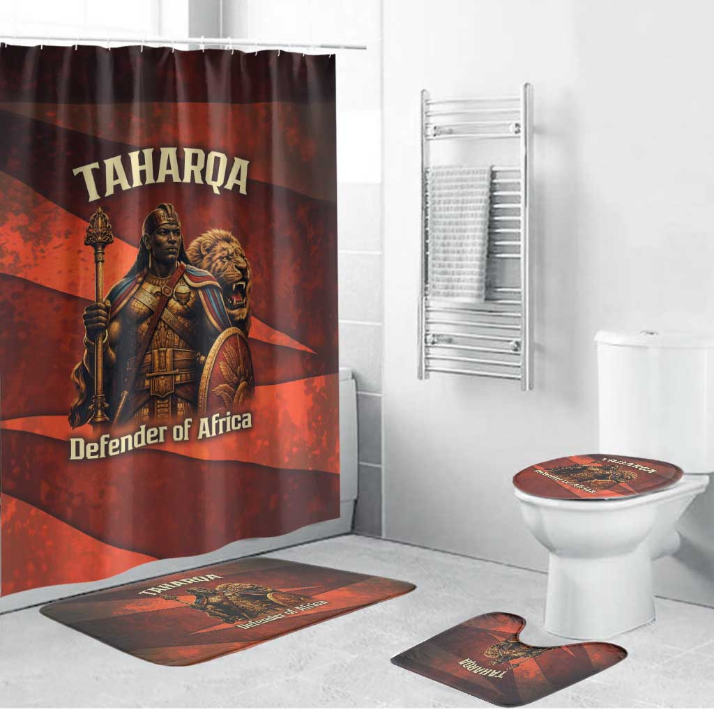 Taharqa Bathroom Set with Warrior Portrait, Lion of Kush Title and Bold Red Defender of Africa - African Pride