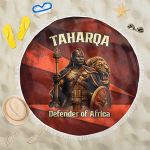 Taharqa Beach Blanket with Warrior Portrait, Lion of Kush Title and Bold Red Defender of Africa - African Pride