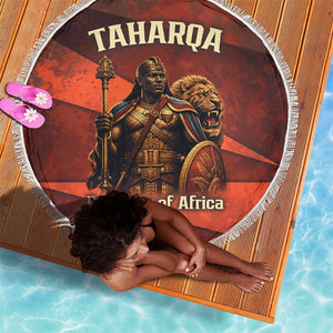 Taharqa Beach Blanket with Warrior Portrait, Lion of Kush Title and Bold Red Defender of Africa - African Pride