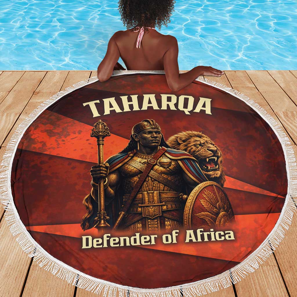 Taharqa Beach Blanket with Warrior Portrait, Lion of Kush Title and Bold Red Defender of Africa - African Pride