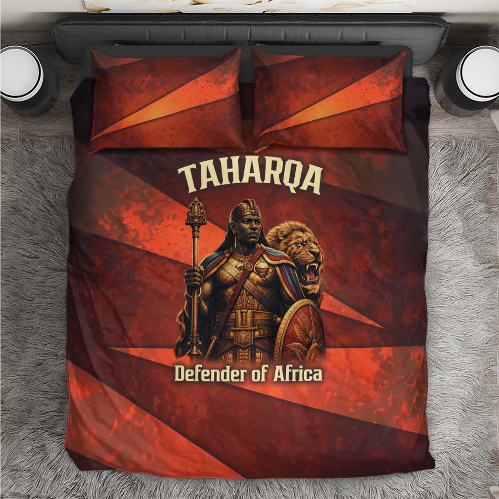 Taharqa Bedding Set with Warrior Portrait, Lion of Kush Title and Bold Red Defender of Africa - African Pride