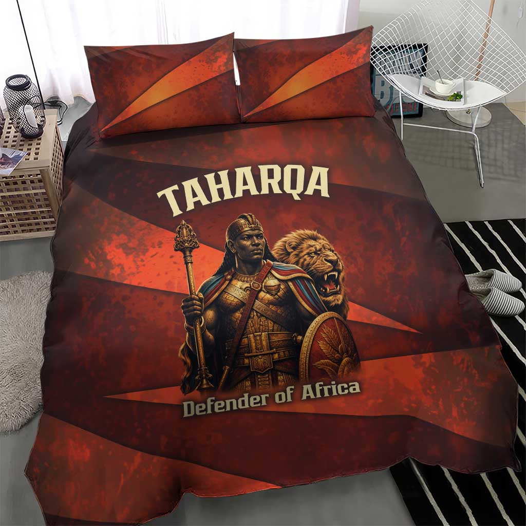 Taharqa Bedding Set with Warrior Portrait, Lion of Kush Title and Bold Red Defender of Africa - African Pride