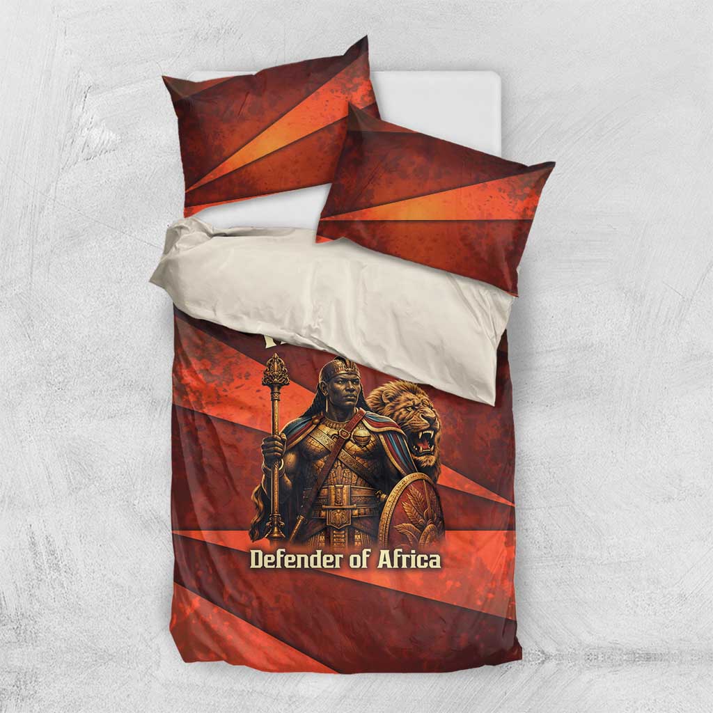 Taharqa Bedding Set with Warrior Portrait, Lion of Kush Title and Bold Red Defender of Africa - African Pride