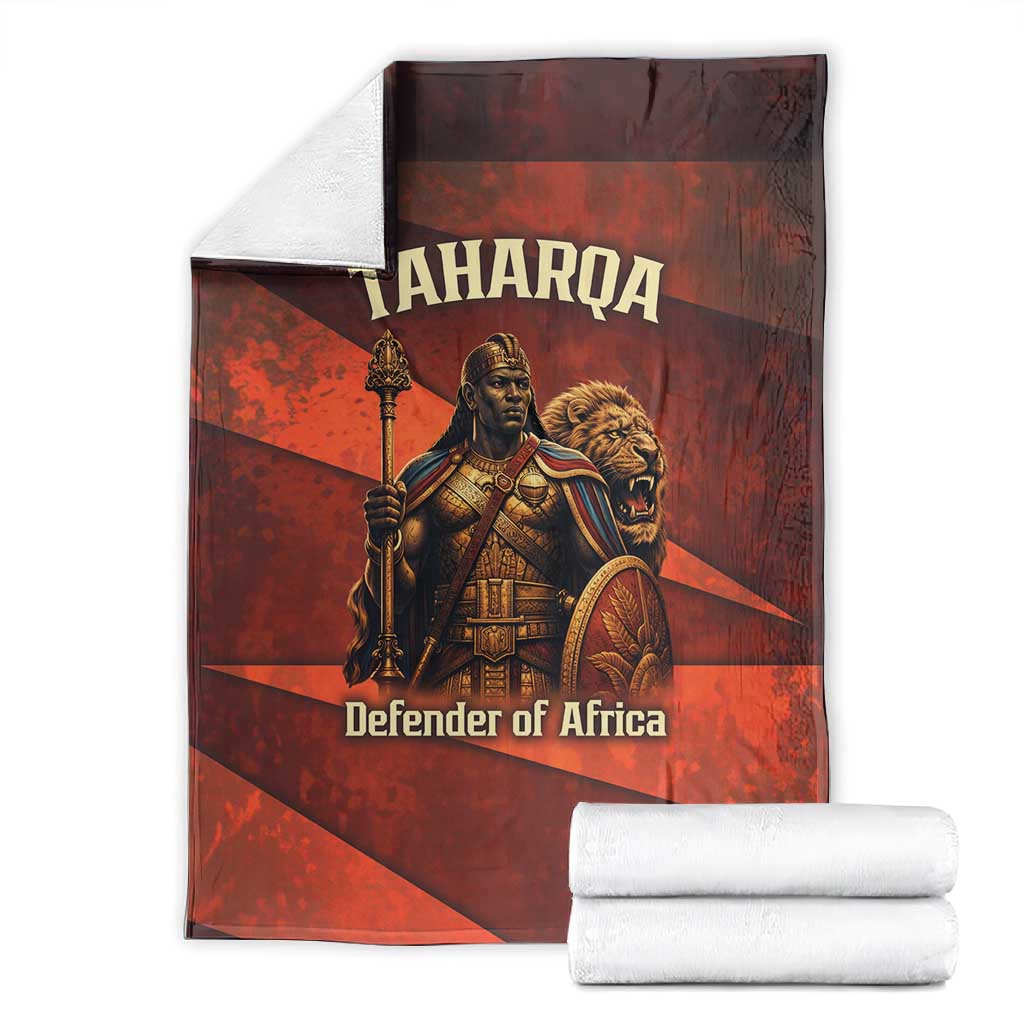 Taharqa Blanket with Warrior Portrait, Lion of Kush Title and Bold Red Defender of Africa - African Pride