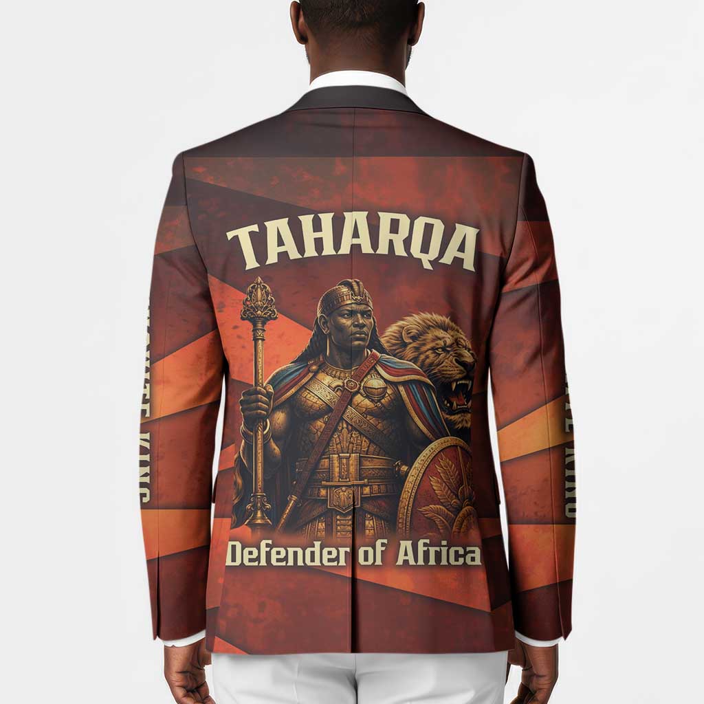 Taharqa Blazer with Warrior Portrait, Lion of Kush Title and Bold Red Defender of Africa - African Pride