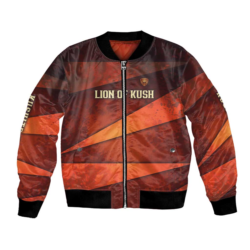 Taharqa Bomber Jacket with Warrior Portrait, Lion of Kush Title and Bold Red Defender of Africa - African Pride