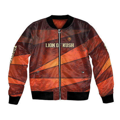 Taharqa Bomber Jacket with Warrior Portrait, Lion of Kush Title and Bold Red Defender of Africa - African Pride