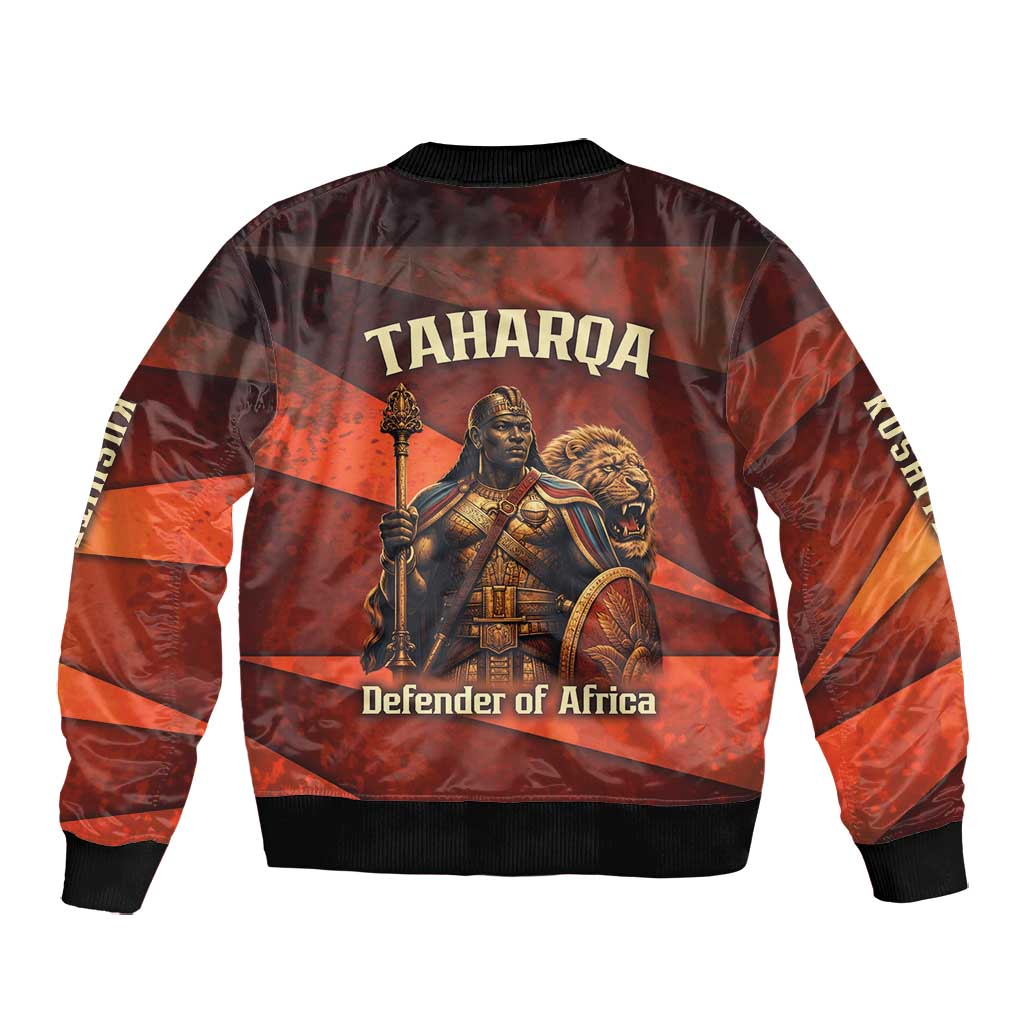 Taharqa Bomber Jacket with Warrior Portrait, Lion of Kush Title and Bold Red Defender of Africa - African Pride