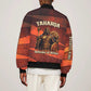 Taharqa Bomber Jacket with Warrior Portrait, Lion of Kush Title and Bold Red Defender of Africa - African Pride