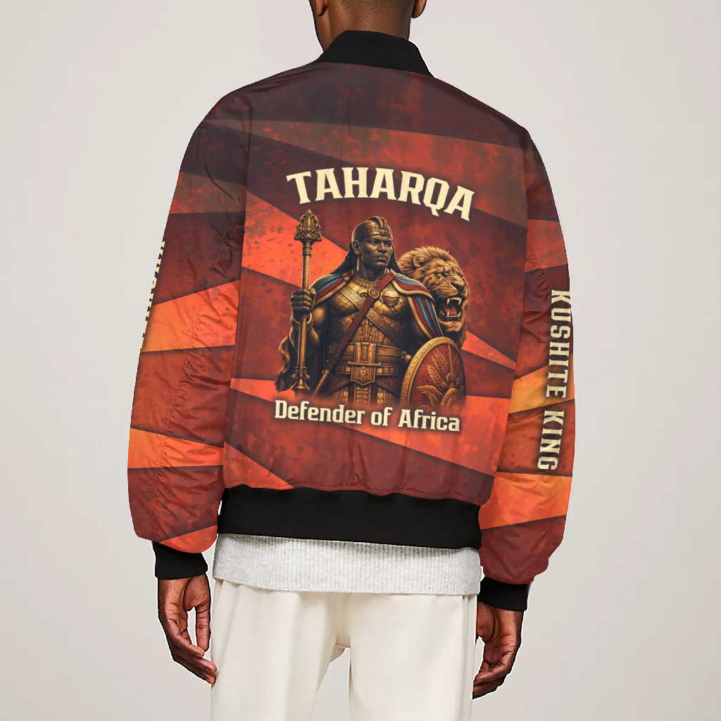 Taharqa Bomber Jacket with Warrior Portrait, Lion of Kush Title and Bold Red Defender of Africa - African Pride