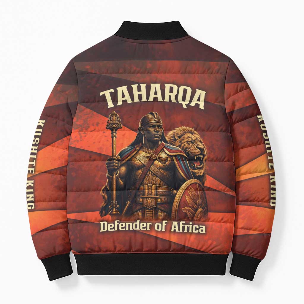 Taharqa Bomber Puffer Jacket with Warrior Portrait, Lion of Kush Title and Bold Red Defender of Africa - African Pride