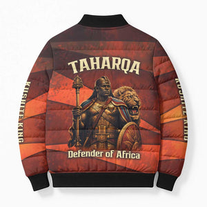 Taharqa Bomber Puffer Jacket with Warrior Portrait, Lion of Kush Title and Bold Red Defender of Africa - African Pride