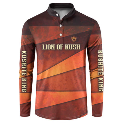 Taharqa Button Sweatshirt with Warrior Portrait, Lion of Kush Title and Bold Red Defender of Africa