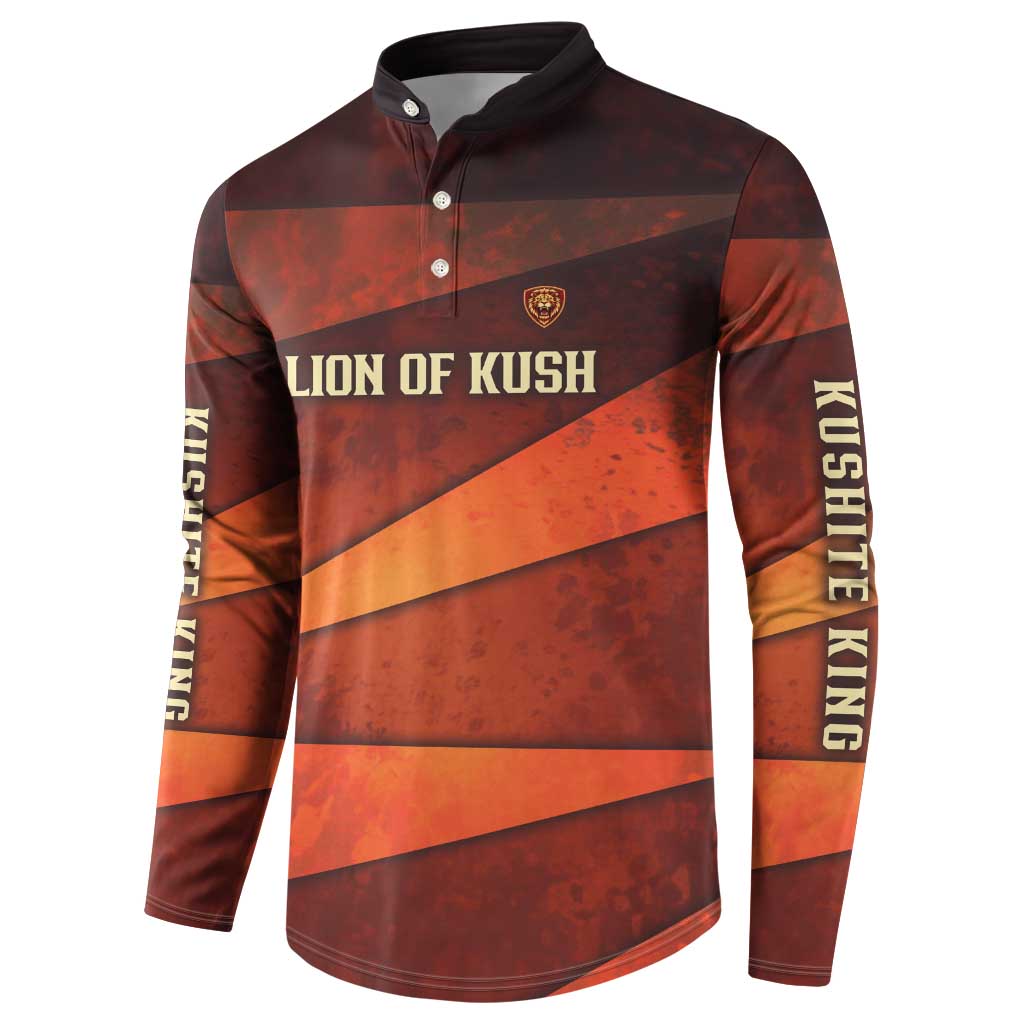 Taharqa Button Sweatshirt with Warrior Portrait, Lion of Kush Title and Bold Red Defender of Africa