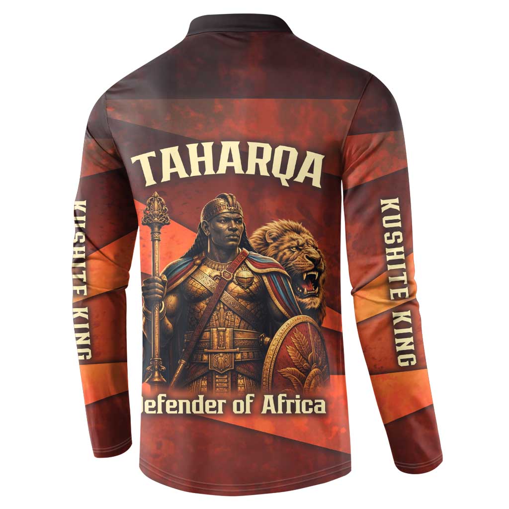 Taharqa Button Sweatshirt with Warrior Portrait, Lion of Kush Title and Bold Red Defender of Africa