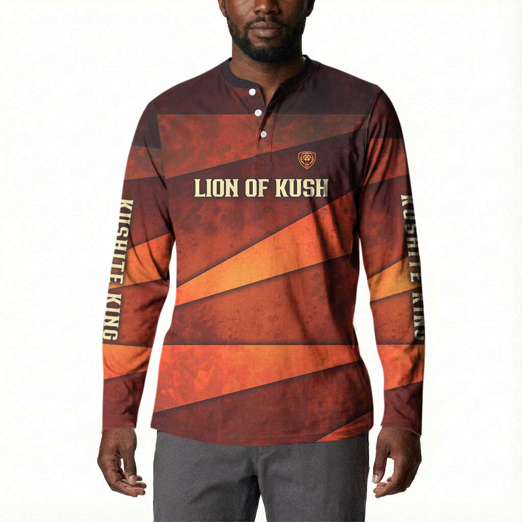 Taharqa Button Sweatshirt with Warrior Portrait, Lion of Kush Title and Bold Red Defender of Africa