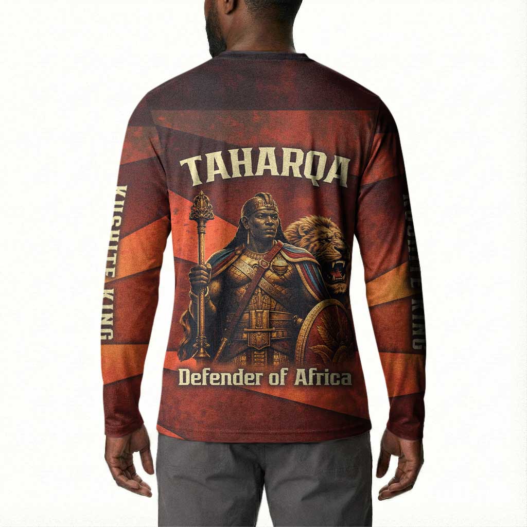 Taharqa Button Sweatshirt with Warrior Portrait, Lion of Kush Title and Bold Red Defender of Africa