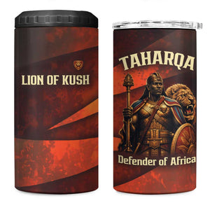 Taharqa 4 in 1 Can Cooler Tumbler with Warrior Portrait, Lion of Kush Title and Bold Red Defender of Africa - African Pride