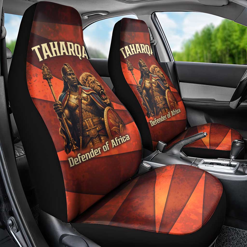 Taharqa Car Seat Cover with Warrior Portrait, Lion of Kush Title and Bold Red Defender of Africa - African Pride