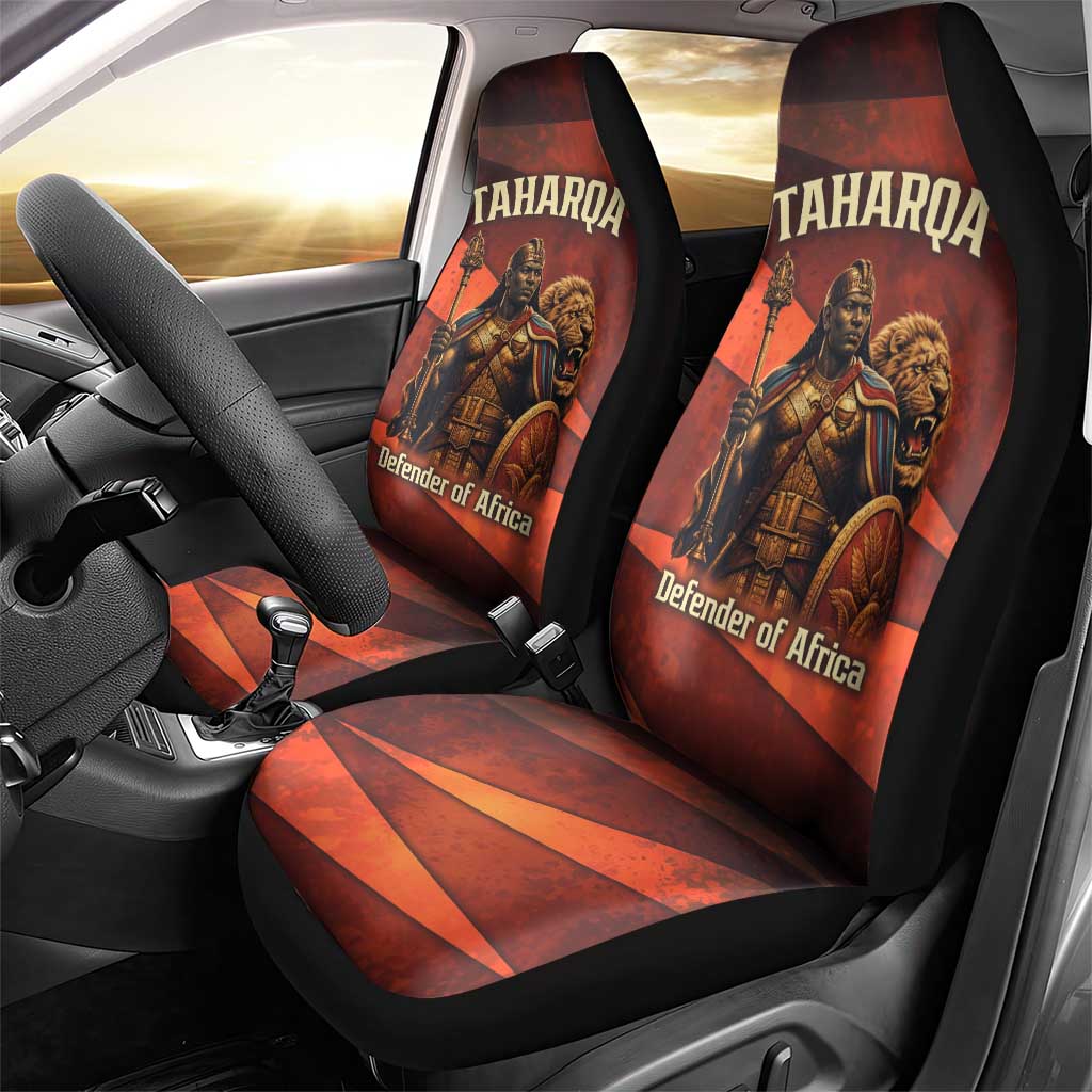 Taharqa Car Seat Cover with Warrior Portrait, Lion of Kush Title and Bold Red Defender of Africa - African Pride