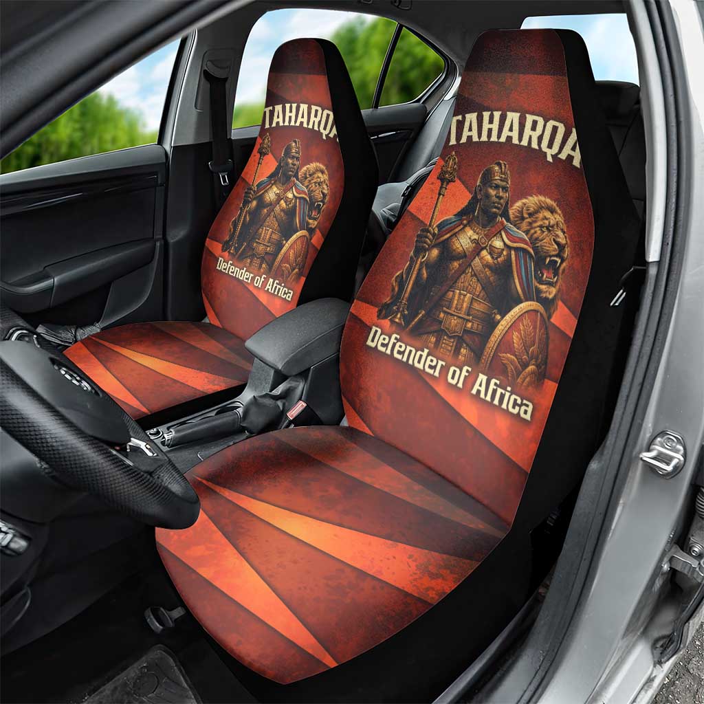 Taharqa Car Seat Cover with Warrior Portrait, Lion of Kush Title and Bold Red Defender of Africa - African Pride