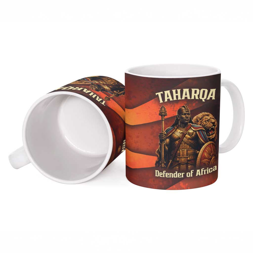 Taharqa Ceramic Mug with Warrior Portrait, Lion of Kush Title and Bold Red Defender of Africa - African Pride