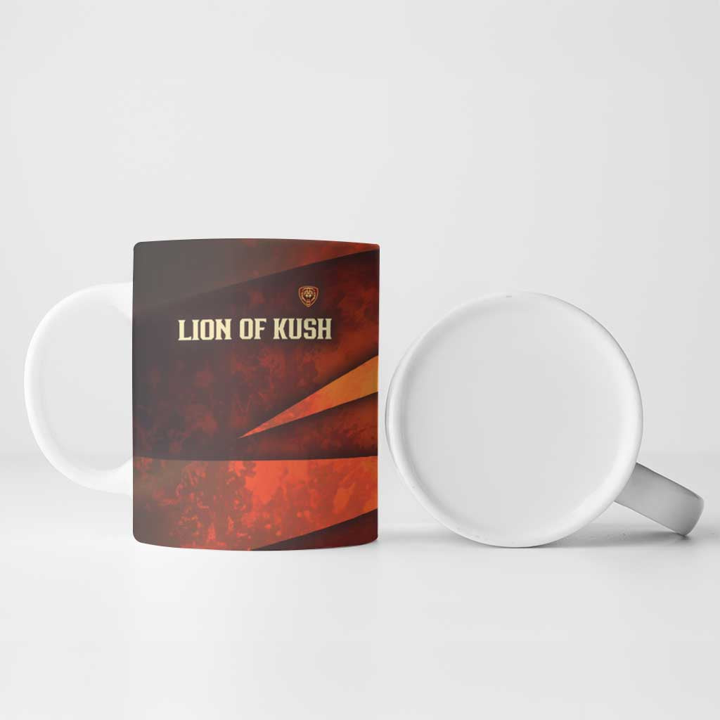 Taharqa Ceramic Mug with Warrior Portrait, Lion of Kush Title and Bold Red Defender of Africa - African Pride