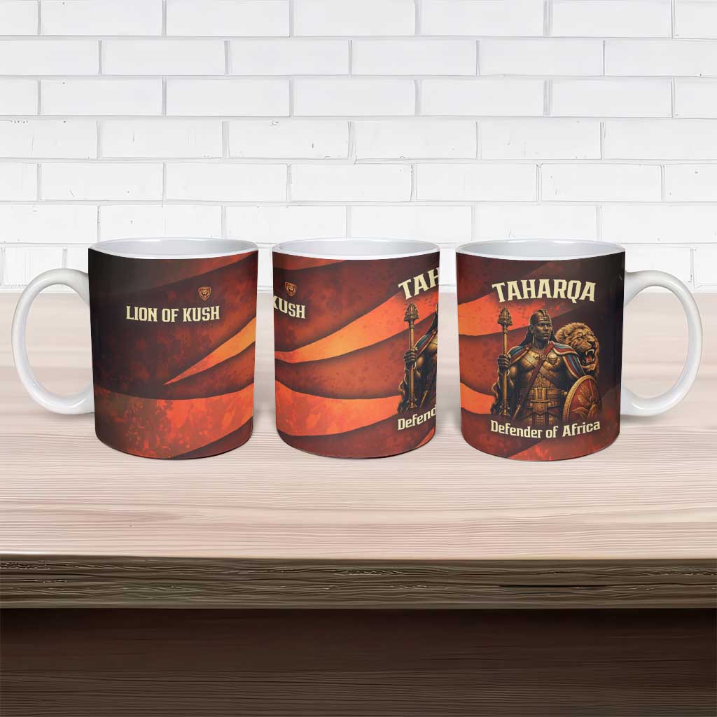 Taharqa Ceramic Mug with Warrior Portrait, Lion of Kush Title and Bold Red Defender of Africa - African Pride