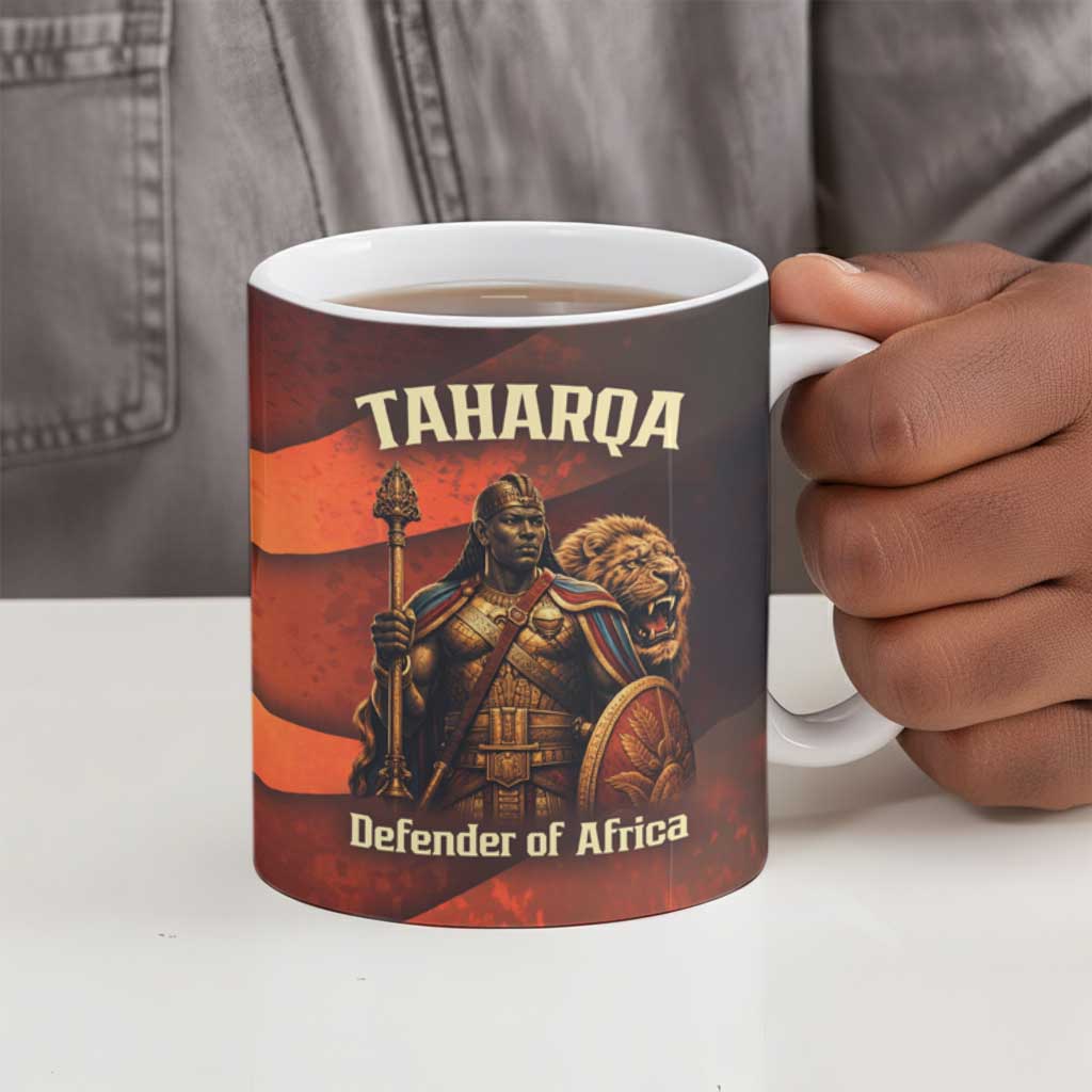 Taharqa Ceramic Mug with Warrior Portrait, Lion of Kush Title and Bold Red Defender of Africa - African Pride
