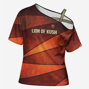 Taharqa Cross Shoulder Shirt with Warrior Portrait, Lion of Kush Title and Bold Red Defender of Africa - African Pride