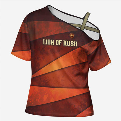 Taharqa Cross Shoulder Shirt with Warrior Portrait, Lion of Kush Title and Bold Red Defender of Africa - African Pride
