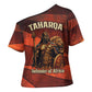 Taharqa Cross Shoulder Shirt with Warrior Portrait, Lion of Kush Title and Bold Red Defender of Africa - African Pride