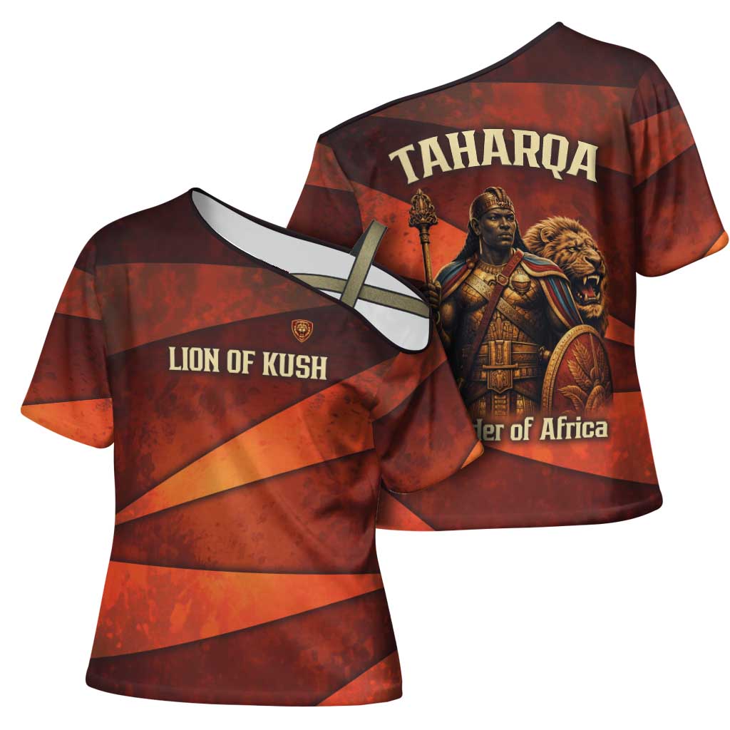 Taharqa Cross Shoulder Shirt with Warrior Portrait, Lion of Kush Title and Bold Red Defender of Africa - African Pride