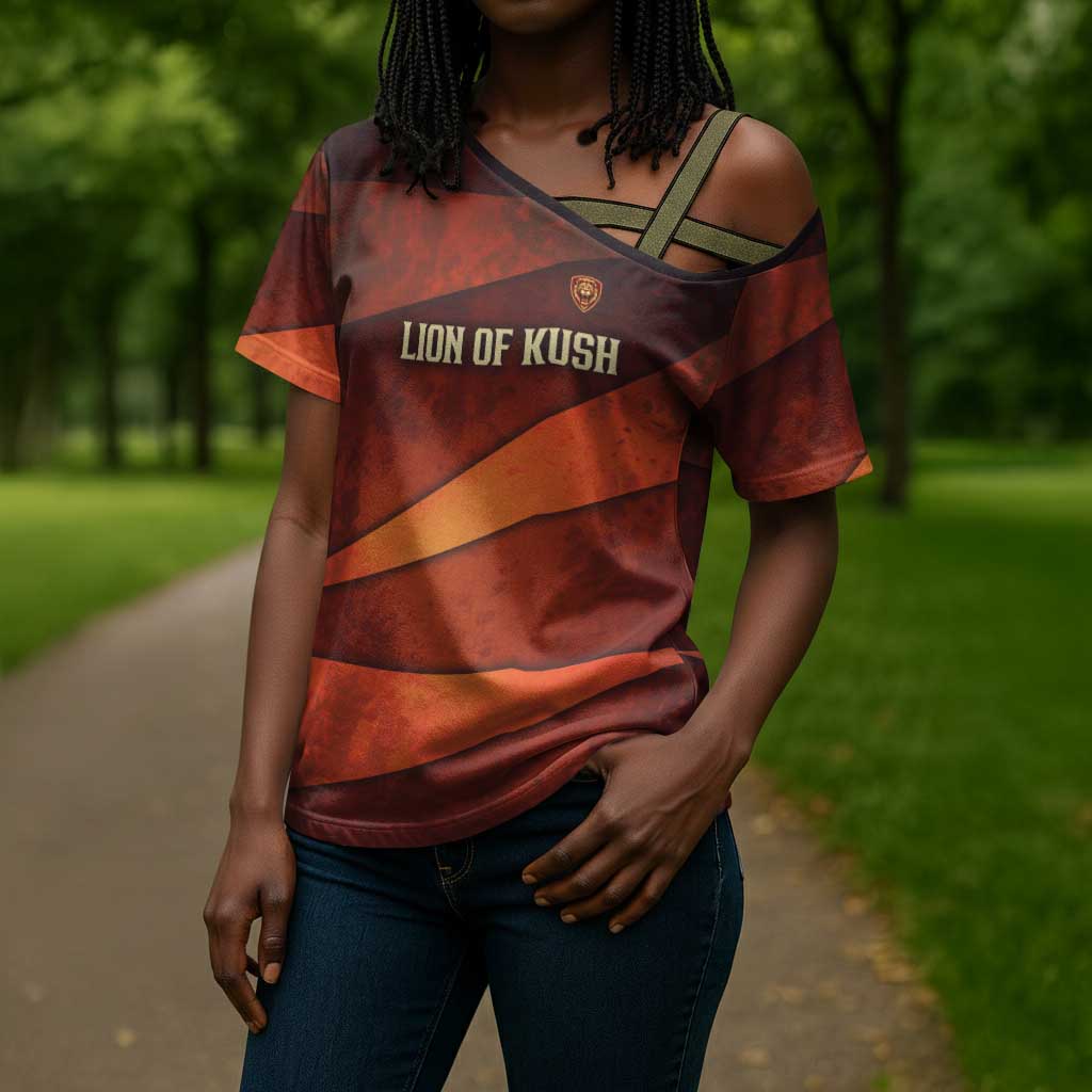 Taharqa Cross Shoulder Shirt with Warrior Portrait, Lion of Kush Title and Bold Red Defender of Africa - African Pride