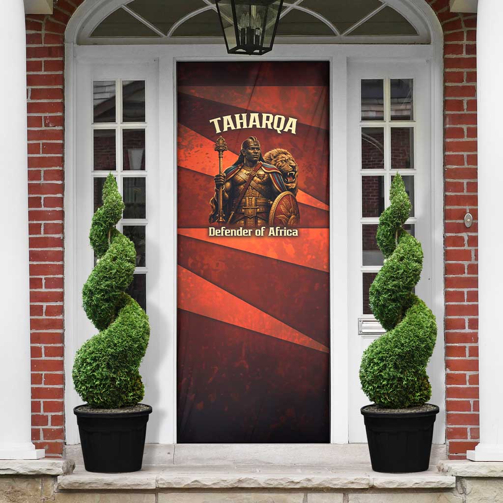Taharqa Door Cover with Warrior Portrait, Lion of Kush Title and Bold Red Defender of Africa - African Pride