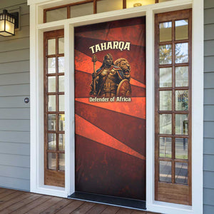 Taharqa Door Cover with Warrior Portrait, Lion of Kush Title and Bold Red Defender of Africa - African Pride