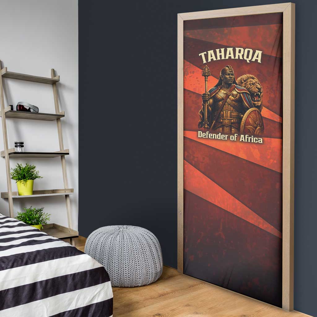 Taharqa Door Cover with Warrior Portrait, Lion of Kush Title and Bold Red Defender of Africa - African Pride
