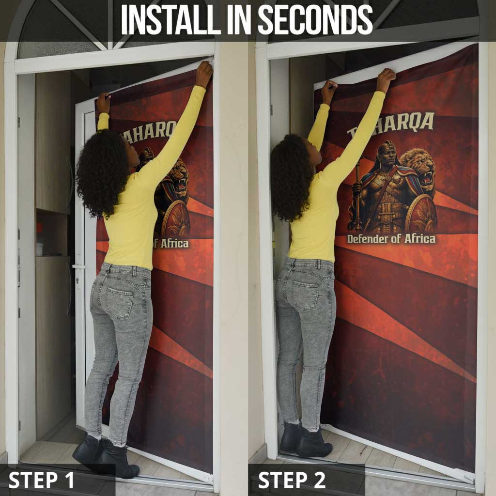 Taharqa Door Cover with Warrior Portrait, Lion of Kush Title and Bold Red Defender of Africa - African Pride