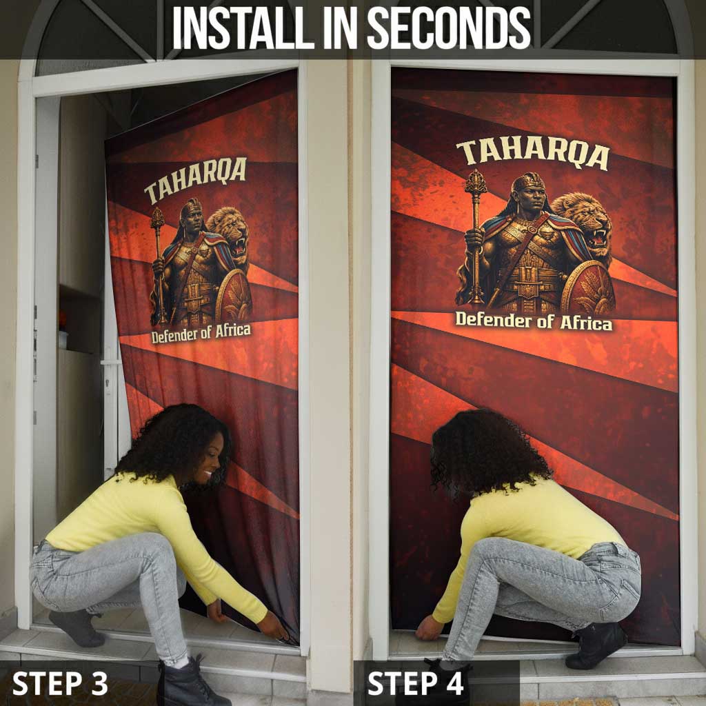 Taharqa Door Cover with Warrior Portrait, Lion of Kush Title and Bold Red Defender of Africa - African Pride