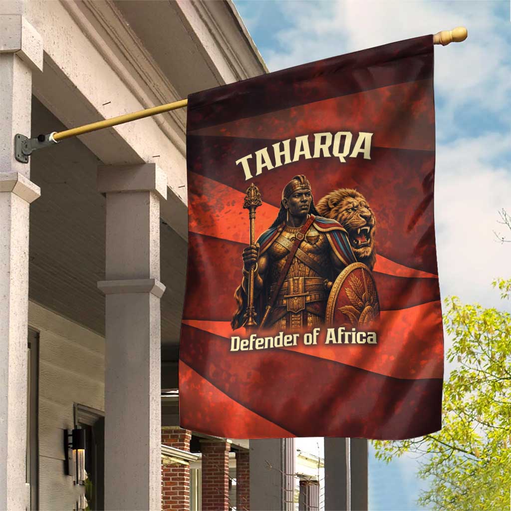 Taharqa Garden Flag with Warrior Portrait, Lion of Kush Title and Bold Red Defender of Africa - African Pride