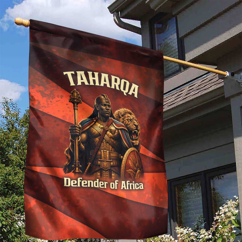 Taharqa Garden Flag with Warrior Portrait, Lion of Kush Title and Bold Red Defender of Africa - African Pride