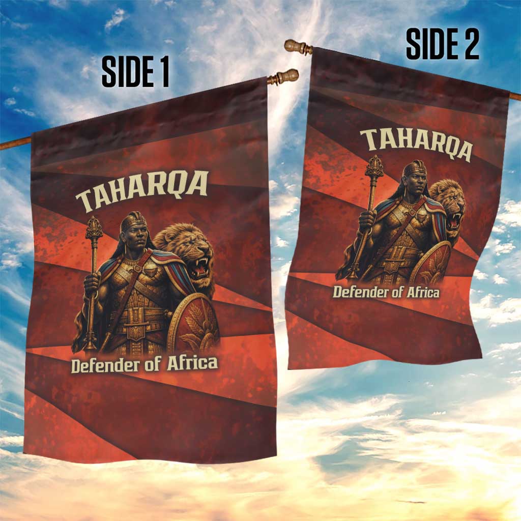 Taharqa Garden Flag with Warrior Portrait, Lion of Kush Title and Bold Red Defender of Africa - African Pride