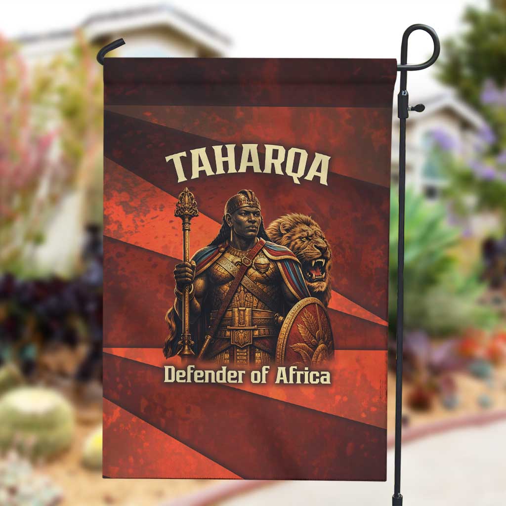 Taharqa Garden Flag with Warrior Portrait, Lion of Kush Title and Bold Red Defender of Africa - African Pride
