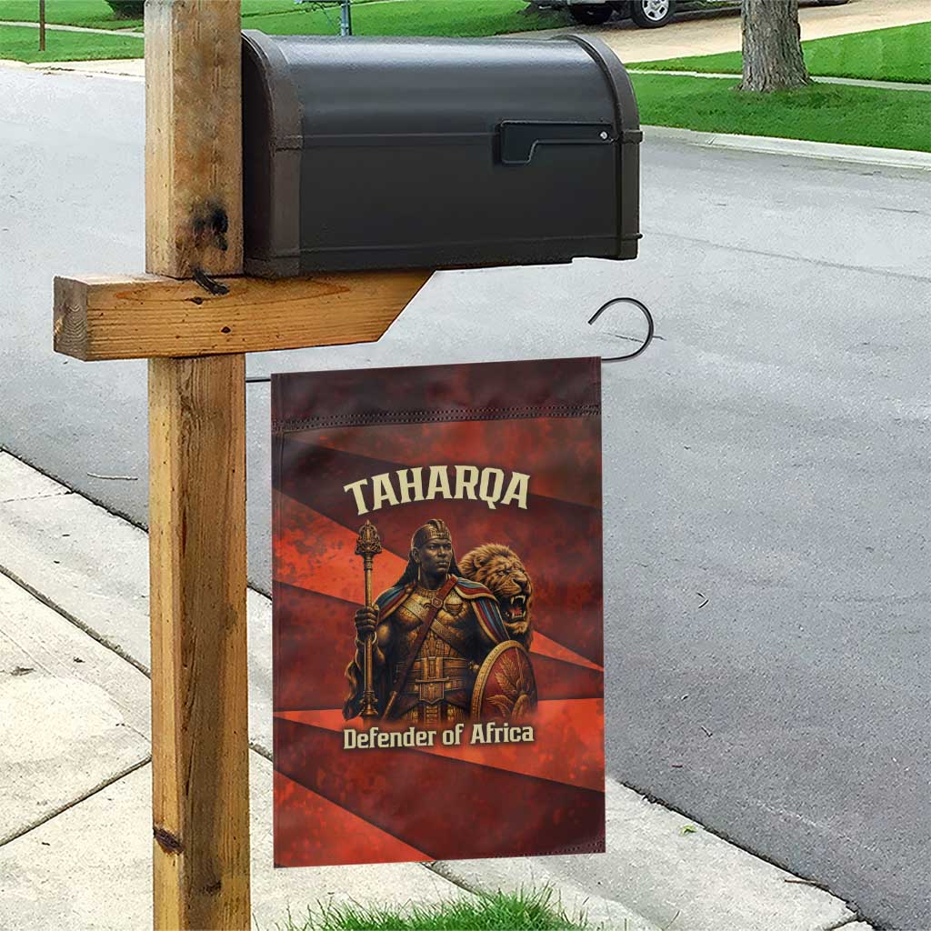 Taharqa Garden Flag with Warrior Portrait, Lion of Kush Title and Bold Red Defender of Africa - African Pride