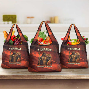 Taharqa Grocery Bag with Warrior Portrait, Lion of Kush Title and Bold Red Defender of Africa - African Pride
