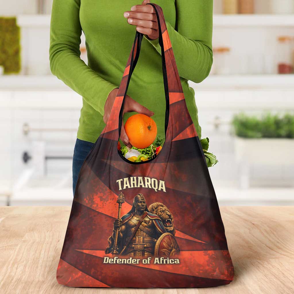 Taharqa Grocery Bag with Warrior Portrait, Lion of Kush Title and Bold Red Defender of Africa - African Pride