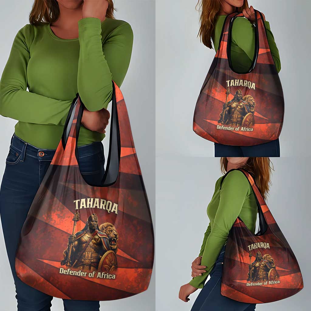 Taharqa Grocery Bag with Warrior Portrait, Lion of Kush Title and Bold Red Defender of Africa - African Pride