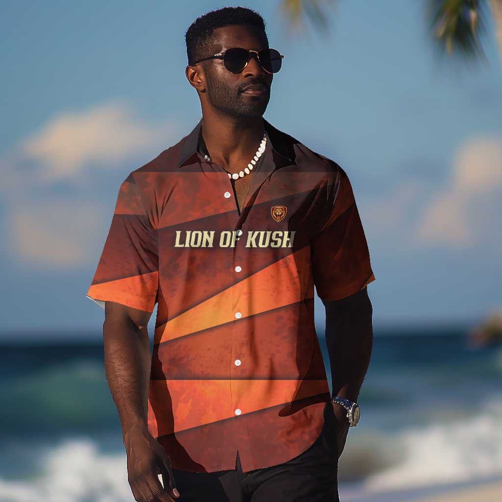 Taharqa Hawaiian Shirt with Warrior Portrait, Lion of Kush Title and Bold Red Defender of Africa - African Pride