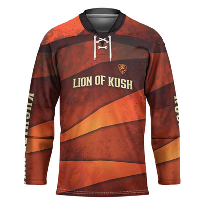 Taharqa Hockey Jersey with Warrior Portrait, Lion of Kush Title and Bold Red Defender of Africa - African Pride